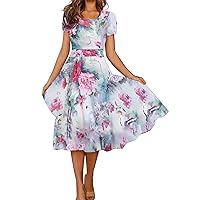 Spring Dresses for Women 2024 Round Neck Short Sleeve Flower Print Waist Loose Large Hem Casual Mid Tank Top Dress