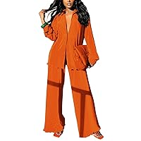 Womens Pleated 2 Piece Outfits Long Sleeve Button Down Shirt Wide Leg Pants Pajama Sets Jumpsuit Loungewear