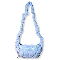 Quilted Puffer Fanny Pack with Cute Cat Keychain, Puffy Lightweight Crossbody Sling Waist Bag, Soft Padding Nylon Shoulder Chest Purse for Women (Light Blue)
