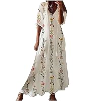 Summer Dress Women's Casual V Neck Dresses Trendy Floral Print Boho Dress Puff Sleeve Tiered Flowy Long Maxi Dress