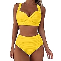Womens Bikini Set Cross Waist Tummy Control High Rise 2 PC Swimsuit Push Up Padded Athletic Sexy Beachwear Bathing Suit