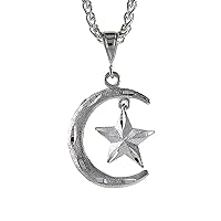 3 sizes Sterling Silver Crescent Moon and Star Pendant for Men Diamond Cut finish