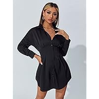 Dresses for Women Empire Waist Solid Shirt Dress (Color : Black, Size : Small)