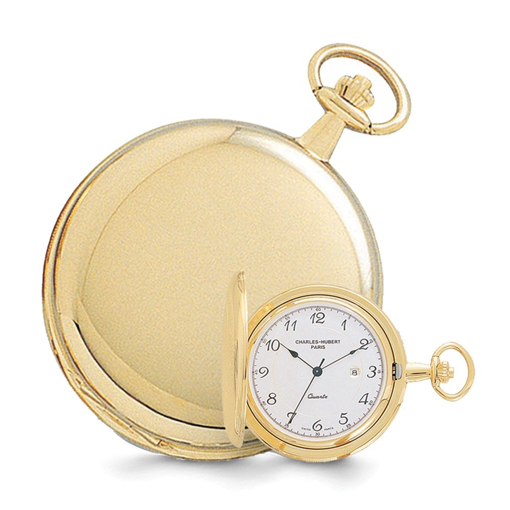 Sonia Jewels Charles Hubert 14k Gold Men's Finish White Dial with Date Pocket Watch 14.5