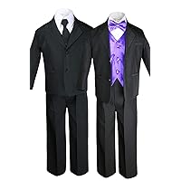 Unotux 7pc Boys Black Suit with Satin Purple Vest Set (S-20)