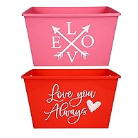 LLE Valentines Day Rectangular Bins, Red Pink Multi-Use Plastic Basket with Built- in Handles for Home Kitchen Office School Storage Organizer, Closet & Shelves Organization & Decoration Set of 2