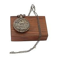 Rail Bronze Antique Train Pocket Watch with Roman Number Dial with Wooden Box for Men and Women, Bronze, Standard, Classic
