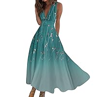 Maxi Dress for Women,Women's Casual Long Dress Sleeveless V Neck Swing Boho Print Floral Fashion Hawaii Sundresses
