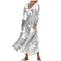 Maxi Dress for Women Beautiful Slacking Elegant Loose Fitting 3/4 Sleeve Linen Comfortable Womens Skirts with Pockets