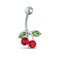 Red Crystal Double Cherry Branch Bar Navel Belly Ring For Women 316L Stainless Steel 14 Gauge