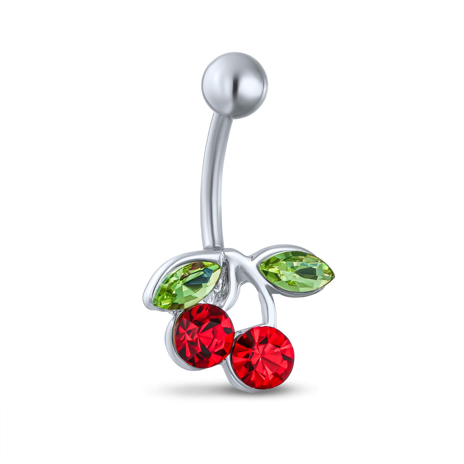 Red Crystal Double Cherry Branch Bar Navel Belly Ring for Women 316L Stainless Steel 14 Gauge