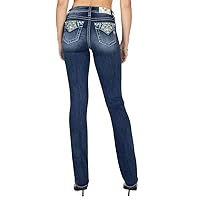 Miss Me Women's Mid-Rise Peacock Feather Embellished Faux Flap Pockets Slim Boot Jeans