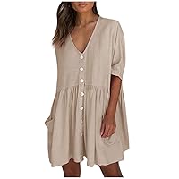 XJYIOEWT Sexy Summer Dresses for Women 2024Sexy,Button Short Solid Short Pocket Casual Dress V-Neck Women's Sleeve Women