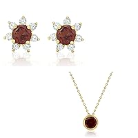 MAX + STONE 14k Yellow Gold Red Garnet and Diamond Flower Halo Stud Earrings and Round Pendant Necklace Set for Women | 4mm Birthstone Earrings | 7 mm Pendant on 18 Inch Cable Chain Bezel Set