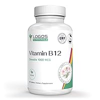 Logos Nutritionals Chewable Vitamin B-12 1000 Mcg | Supports Healthy Brain Function & Memory | Cherry-Flavored B12 Methylcobalamin Supplement for Hair, Skin & Nails - 100 Tablets