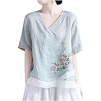 Women Cotton Linen Chinese Wrap Tee Tops Summer Color Block Flower Short Sleeve V Neck Casual Loose Elegant T-Shirts