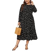 Big Size Polka Dot Fall Dress Women O-Neck Long Sleeve Ruffle Hem Casual A-Line Plus Size Midi Dress