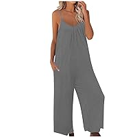 Women Dressy Casual Jumpsuits Summer Oversized Sleeveless One Piece Outfits V Neck Loose Flowy Wide Leg Pants Rompers