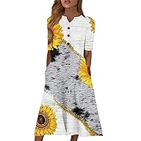 Denim Dress for Women, Flowy Casual Maxi Dresses 2024 Summer Smocked V Neck Flutter Short Sleeve Ruffle Dress with Pockets Lantern Dress Tunic Women Dress Short Casual Dress (L, White)