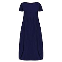 Women's Bohemian Solid Color Flowy Swing Round Neck Trendy Dress Short Sleeve Long Floor Maxi Casual Summer Beach Blue