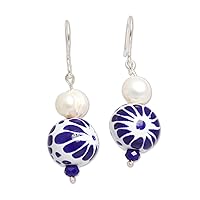 NOVICA Handmade .925 Sterling Silver Cultured Freshwater Pearl Ceramic Bead Dangle Earrings Pueblastyle Mabe Blue White Mexico Talavera Painted Floral [1.7 in L x 0.6 in W x 0.6 in D] 'Indigo Bloom'