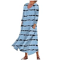 3/4 Sleeve Dresses for Women Summer Casual Long Dress Flowy Beach Sundresses Boho Printed Maxi Dresses with Pockets