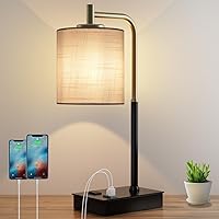 Touch Control Table Lamp, 3-Way Dimmable Modern Bedside Lamp with USB Port and Outlet, Fabric Shade Nightstand Lamp Side Table Lamp,Desk Lamp for Bedroom Living Room, Bulb Included