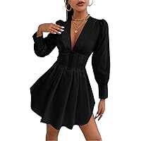 Women Dresses Plunging Neck Bishop Sleeve Fold Pleated Dress