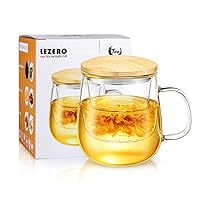 Glass Tea Infuser Cups with Strainer and Lid, 15 ounce Heat Resistance Borosilicate Glass Teacups for Blooming Tea & Loose Leaf Tea, Lead-free, Microwave & Dishwasher Safe - For Tea Lovers