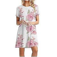 Short Summer Dresses 2024 Plus Size Floral Print Short Sleeve Cute Tshirt Dress Casual Comfy O-Neck Tunic Dress
