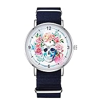 Floral Skull Design Nylon Watch for Men and Women, Bone Skeleton Theme Wristwatch