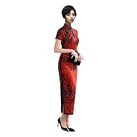 Women Qipao Silk Fragrant Cloud Yarn Jacquard Print Mock Collar Short Sleeve Slim Red Evening Long Dress 3624