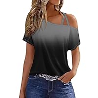 T Shirts for Women,Off The Shoulder Tops for Women Short Sleeve One Shoulder Shirts Criss-Cross Solid Color Gradient Print Sexy Blouse Womens Petite Tops Short Sleeve