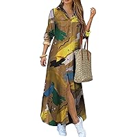 GRASWE Women's V Neck Button Down Dress Loose Maxi Dresses Casual Long Sleeve Tshirts Dresses with Pockets