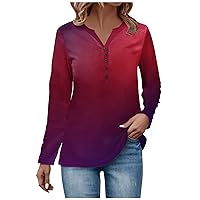 Womens Blouses Gradient Tie Dye Button V Neck Tees Long Sleeve Button Henley Shirt Trendy Baggy Casual T-Shirt