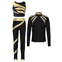 Kids Girls Dance Outfit 3 Pcs Gymnastic Suit Ice Skating Long Sleeve Jacket Crop Top with Pants Set Tracksuit