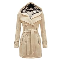 Women's Double Breasted Pea Coat Hooded Long Winter Trench Coat Belted Sexy Fashion Coat