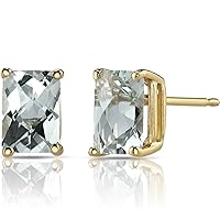 Peora Green Amethyst Earrings for Women in 14 Karat Yellow Gold, Classic Solitaire Studs, 7x5mm Radiant Cut, 1.75 Carats total, Friction Back