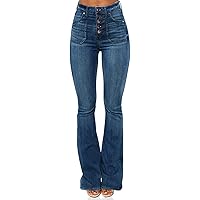 Women's Retro Style Skinny Bell Bottom Jeans Classic High Rise Button Fly Flare Jean Mid-Rise Slim Fit Long Bootcut Denim Pants (Navy Blue,Medium)