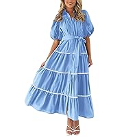 Summer Dresses for Women 2024,Flowy Layed Maxi Dress Short Sleeve Elegant Vacation Tea Party Dress Casual Sundress