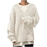 Lightning Deals Women Cable Sweaters Casual Long Sleeve Knitted Pullover Tops Loose Long Sleeve Chunky Jumper Warm Sweater Blouse Suéteres De Algodón para Mujer White