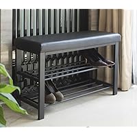 Entryway Shoe Rack with Cushioned Seat, Shoe Bench for Entry, 2 Shelves Storage Bench w/Faux Leather Top Bed Bench, Black