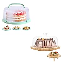 Ohuhu Cake Carrier with Lid and Handle+Cake Stand with Lid Bamboo 2-in-1 Cake Turntable Cake Holder