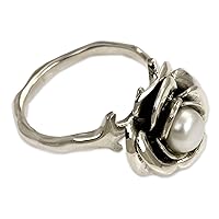 NOVICA Artisan Handmade Cultured Freshwater Pearl Flower Ring Crafted .925 Sterling Silver White Single Stone Indonesia Floral Birthstone Peace 'White Rose'