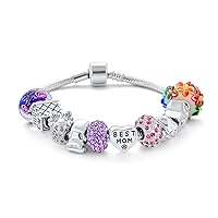 Bling Jewelry Wife Family New Mother Colorful Love Themed Starter Beads Multi Charm Bracelet For Women .925 Sterling Silver Snake Chain European Barrel Snap Clasp Bracelets 6.5 7 7.5 8 8.5 9 Inch