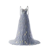 Elegant Puffy Sleeve Tulle Prom Gown Floral Embroidery Evening Dress Tea-Length Formal Party Dress with Lace-Up Back
