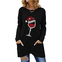 Womens Christmas Wine Glass Long Sleeve Shirts Santa Hat Crewneck Sweatshirt Solid Tunic Pullovers with pocket