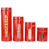 Home Basics Retro Kitchen Canisters For Countertop (4 Piece Set) Red Glass with Metal Finish; See-Through Windows; Great For Flour, Coffee, Sugar, Dry Ingredients, Snacks