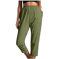 High Waist Capris for Women Ladies Elastic Waist Cropped Pants Solid Dressy Casual Sweatpants Straight Tapered Pant