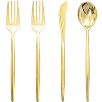 Rubtlamp 90Pcs Gold Plastic Silverware, Gold Plastic Utensils, Plastic Cutlery Include 30 Plastic Gold Knives, 60 Plastic Forks and Spoons, Plastic Silverware Heavy Duty for Mothers Day
